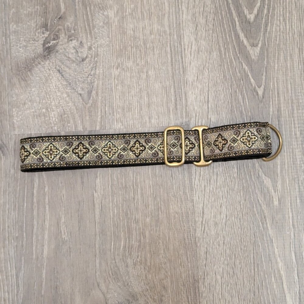 Handmade 1.5" Gold Black Brown and Beige Martingale Dog Collar 22"
